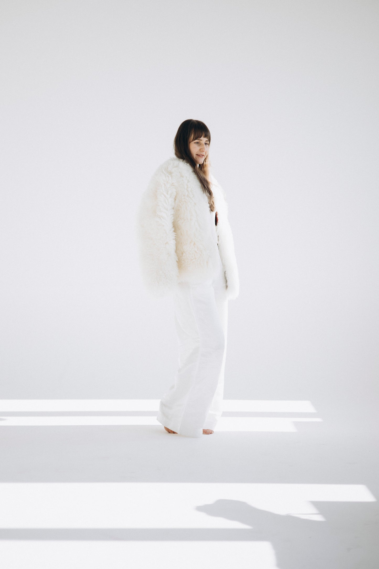 Sheepskin Fur / Coat with Burgundy Silk Lining - White-3