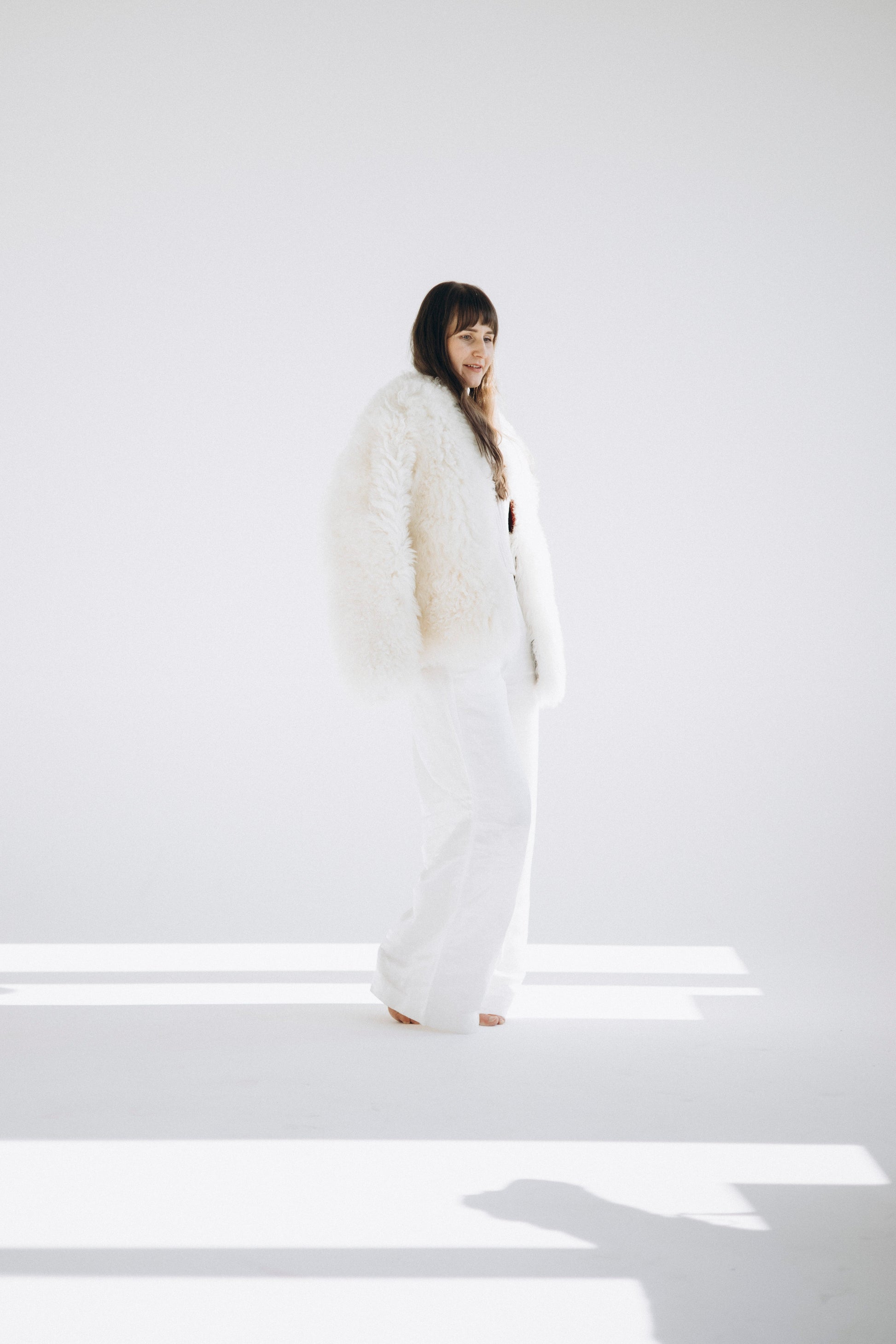 Sheepskin Fur / Coat with Burgundy Silk Lining - White-3