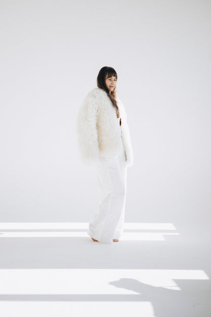 Sheepskin Fur / Coat with Burgundy Silk Lining - White-3