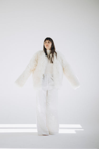 Sheepskin Fur / Coat with Burgundy Silk Lining - White-1